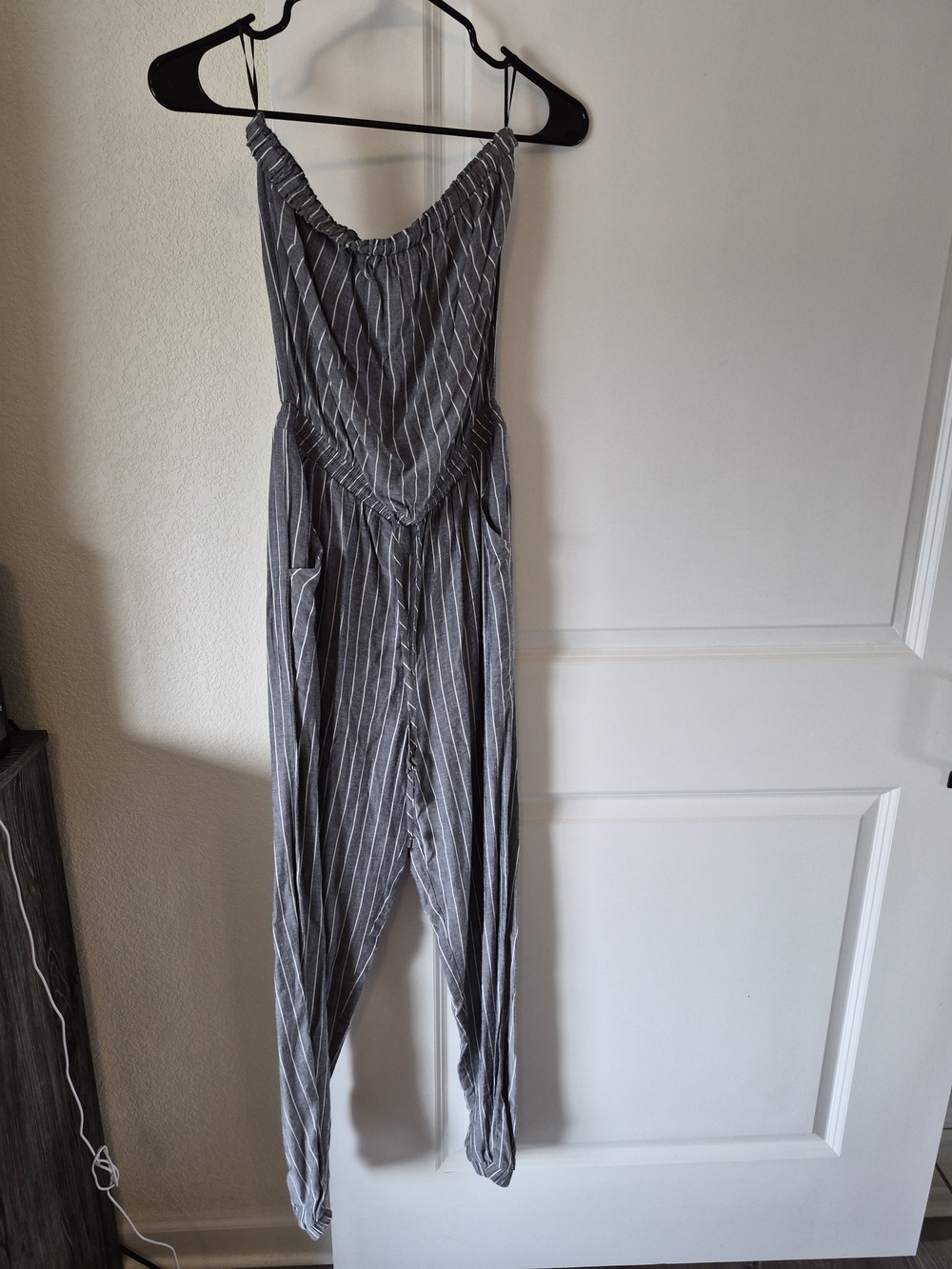HYFVE Grey Striped Off-Shoulder Jumpsuit